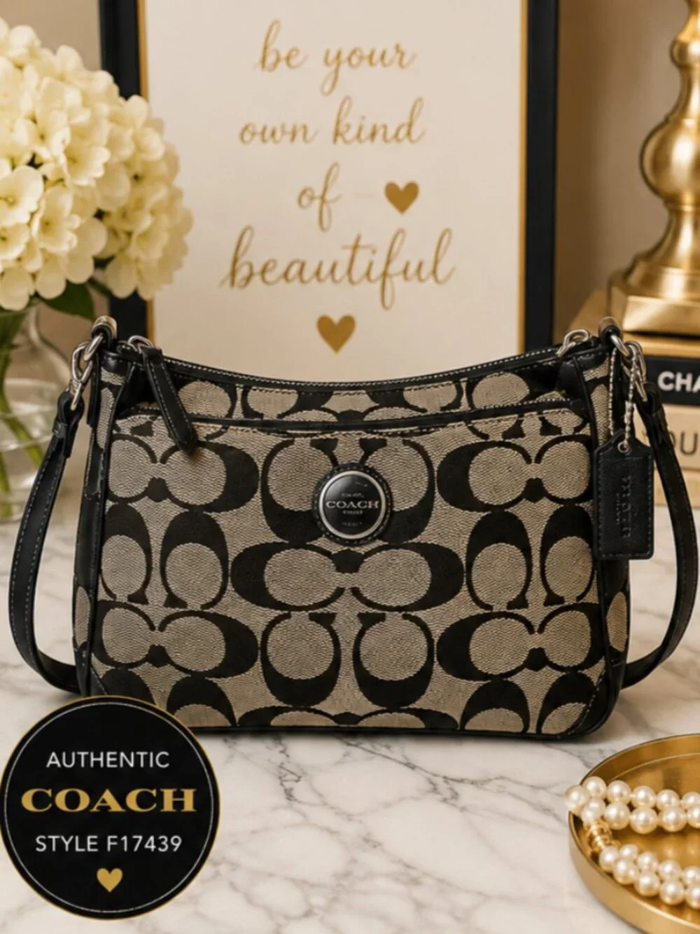 Coach F17439 Signature Black Khaki Shoulder Bag Purse EUC